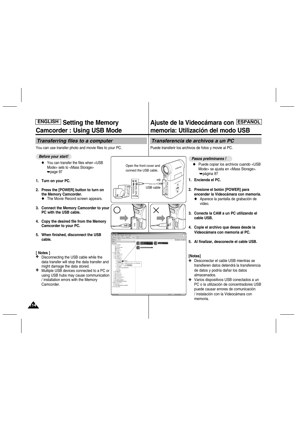 Transferring files to a computer, Transferencia de archivos a un pc | Samsung SC-MM10S-XAA User Manual | Page 114 / 139