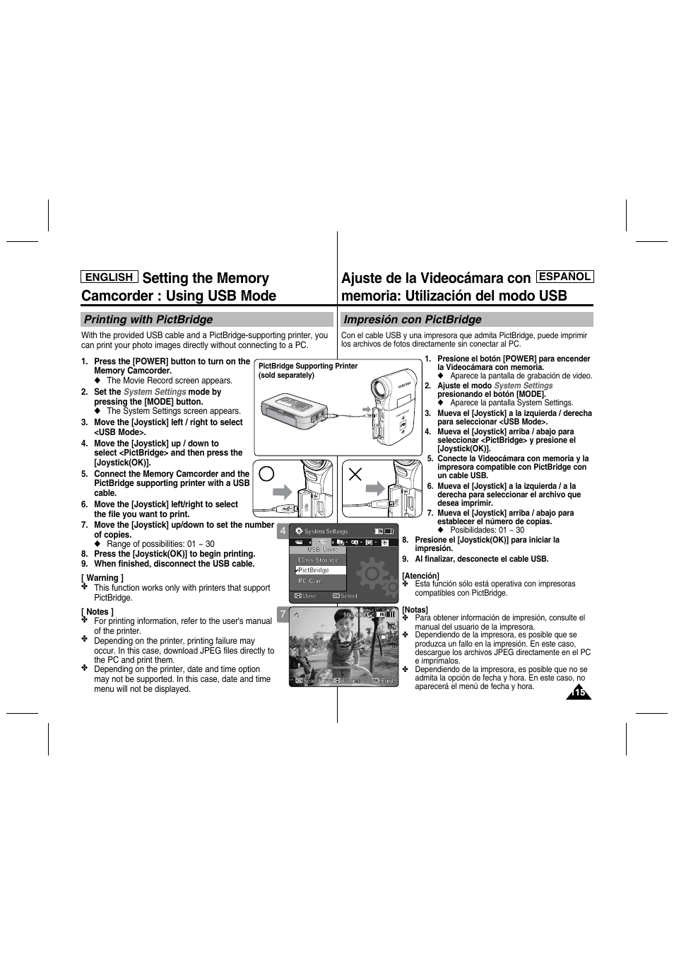 Printing with pictbridge, Impresión con pictbridge, English español | English | Samsung SC-MM10S-XAA User Manual | Page 115 / 139