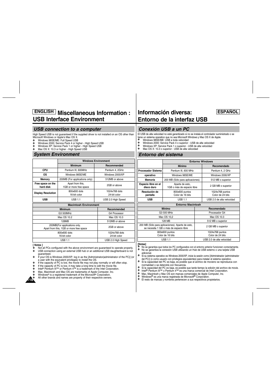 Información diversa: entorno de la interfaz usb, Usb connection to a computer, System environment | Conexión usb a un pc, Entorno del sistema, English español | Samsung SC-MM10S-XAA User Manual | Page 118 / 139