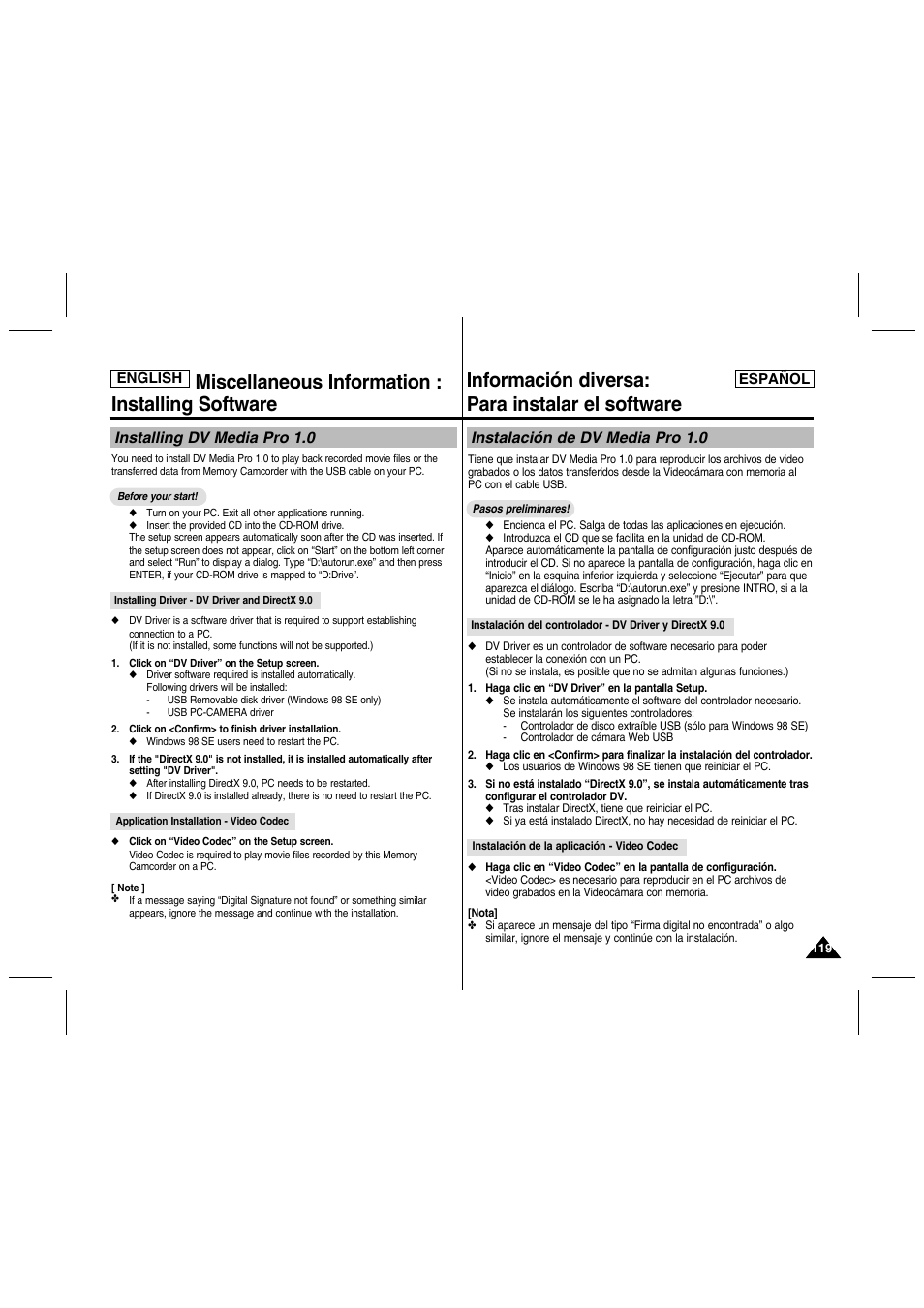 Miscellaneous information : installing software, Información diversa: para instalar el software, Installing dv media pro 1.0 | Instalación de dv media pro 1.0 | Samsung SC-MM10S-XAA User Manual | Page 119 / 139