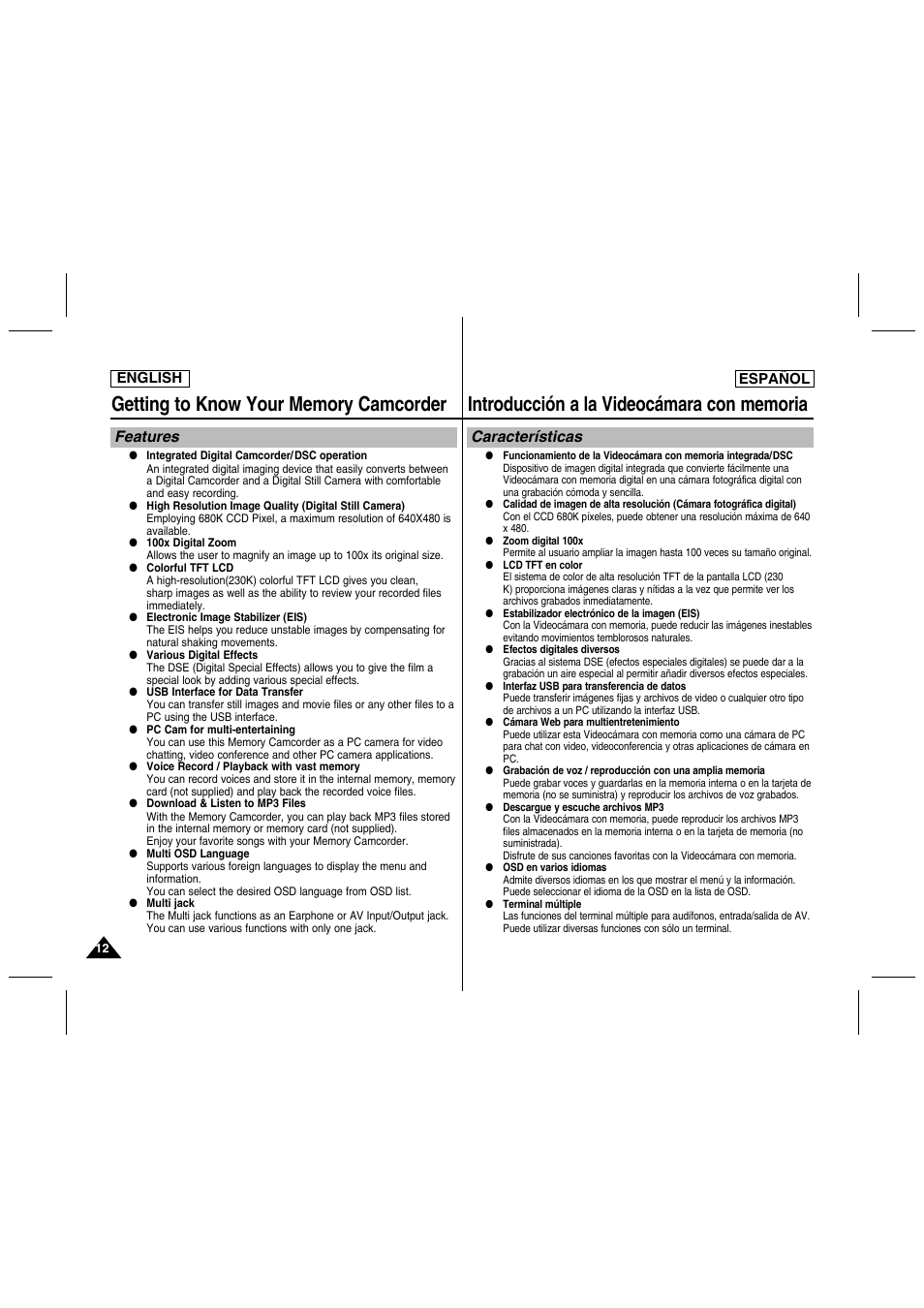 Features, Características | Samsung SC-MM10S-XAA User Manual | Page 12 / 139