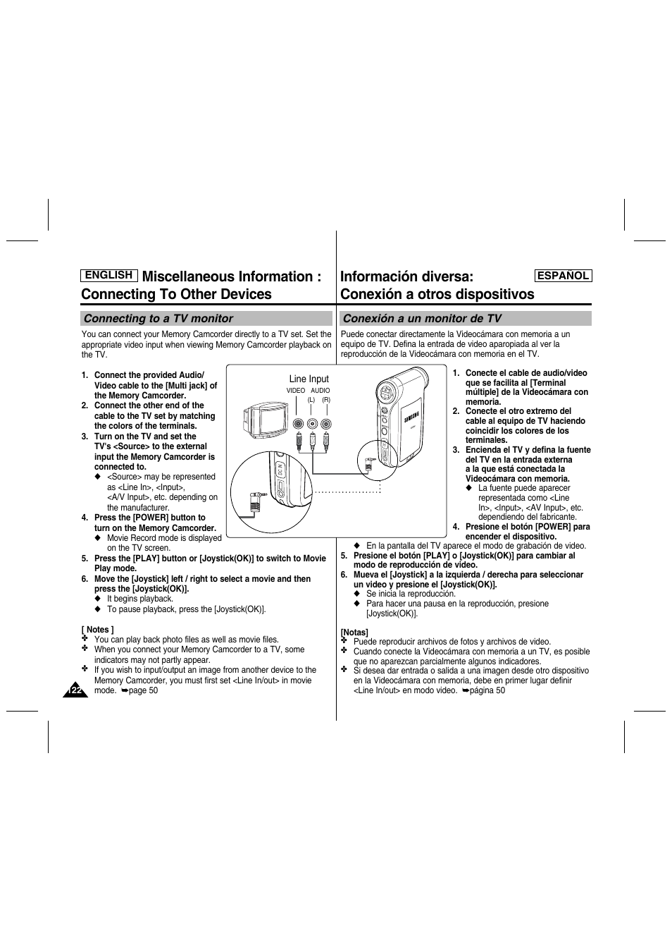 Información diversa: conexión a otros dispositivos, Connecting to a tv monitor, Conexión a un monitor de tv | Samsung SC-MM10S-XAA User Manual | Page 122 / 139