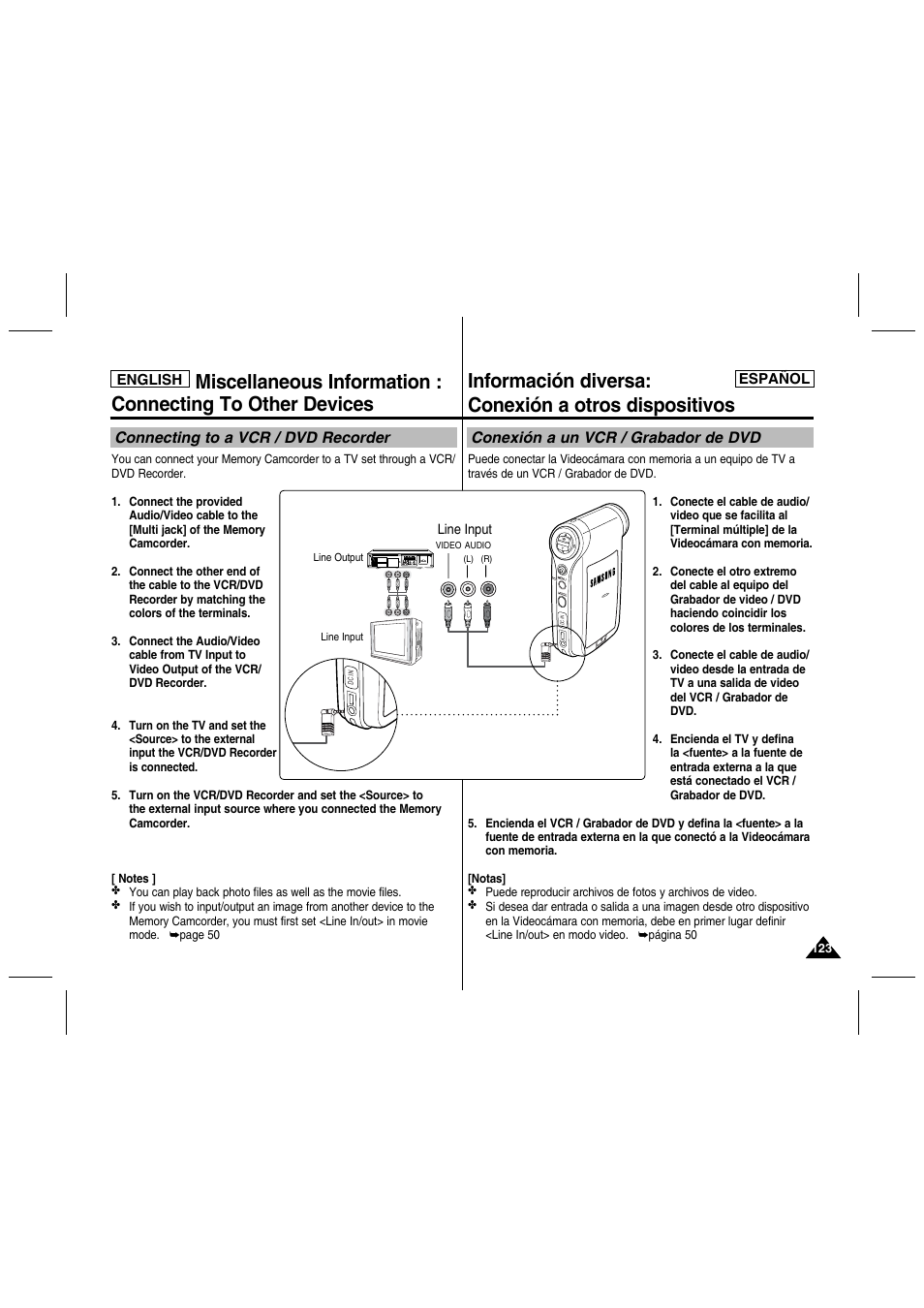 Información diversa: conexión a otros dispositivos, Connecting to a vcr / dvd recorder, Conexión a un vcr / grabador de dvd | Samsung SC-MM10S-XAA User Manual | Page 123 / 139