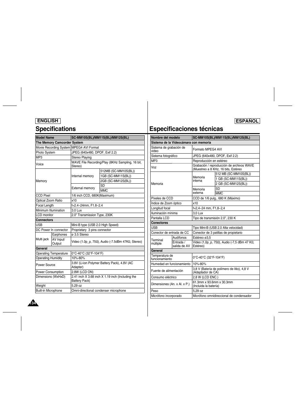 Specifications, Especificaciones técnicas, English español | Samsung SC-MM10S-XAA User Manual | Page 134 / 139