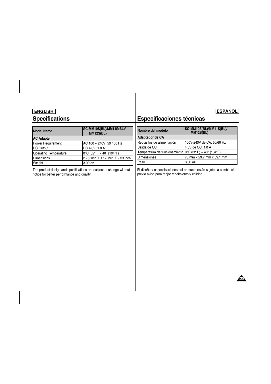 Specifications, Especificaciones técnicas | Samsung SC-MM10S-XAA User Manual | Page 135 / 139