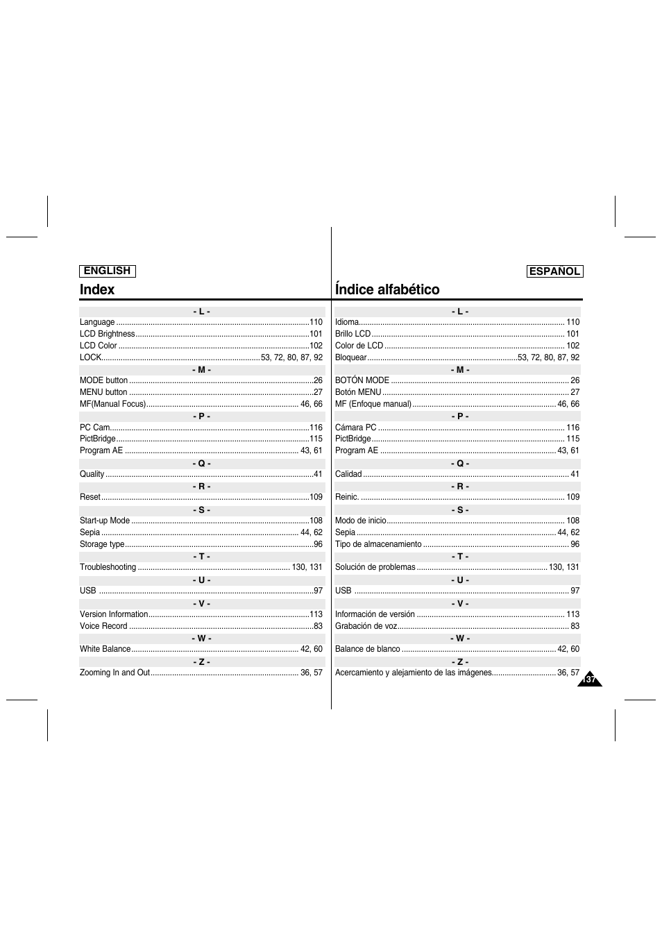 Index índice alfabético | Samsung SC-MM10S-XAA User Manual | Page 137 / 139