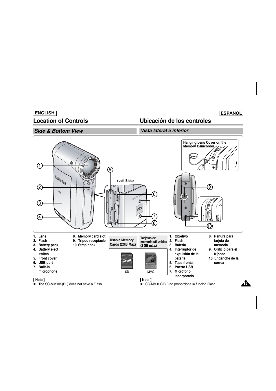 Location of controls, Ubicación de los controles, Side & bottom view | Samsung SC-MM10S-XAA User Manual | Page 15 / 139