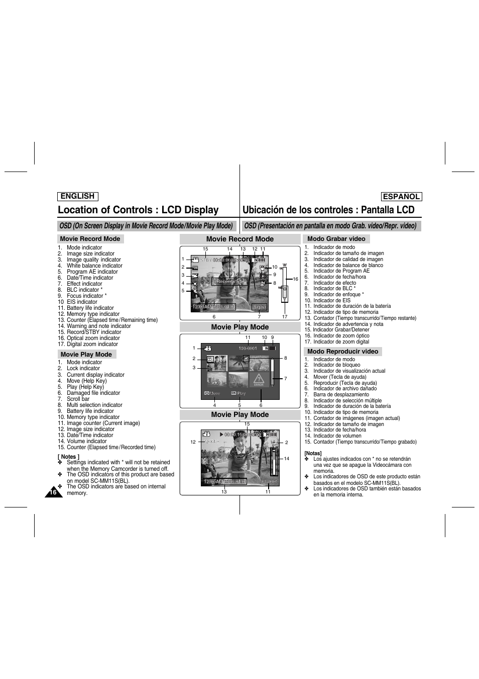 Location of controls : lcd display, Ubicación de los controles : pantalla lcd, English español | Movie play mode, Movie record mode | Samsung SC-MM10S-XAA User Manual | Page 16 / 139