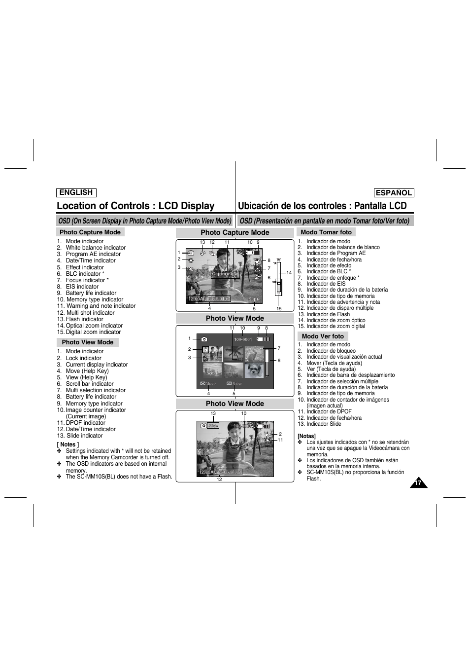 Location of controls : lcd display, Ubicación de los controles : pantalla lcd, English español | Photo capture mode, Photo view mode | Samsung SC-MM10S-XAA User Manual | Page 17 / 139