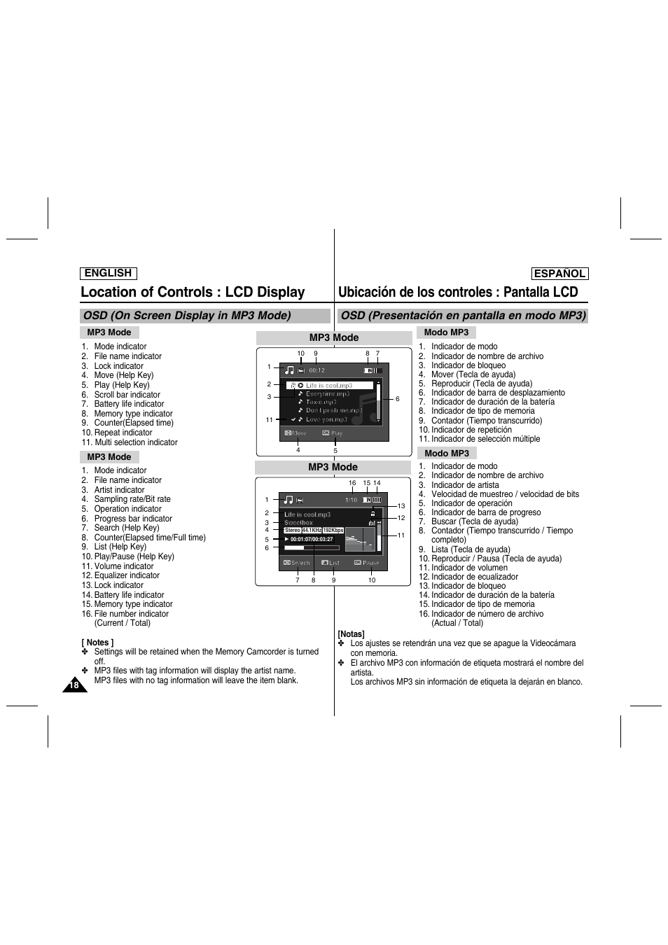 Location of controls : lcd display, Ubicación de los controles : pantalla lcd, Osd (on screen display in mp3 mode) | Osd (presentación en pantalla en modo mp3), English español | Samsung SC-MM10S-XAA User Manual | Page 18 / 139