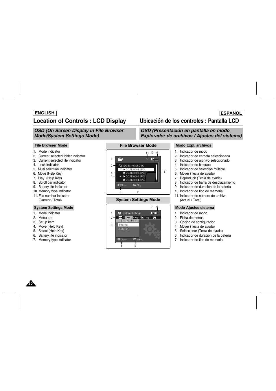 Location of controls : lcd display, Ubicación de los controles : pantalla lcd, English español | System settings mode, File browser mode | Samsung SC-MM10S-XAA User Manual | Page 20 / 139