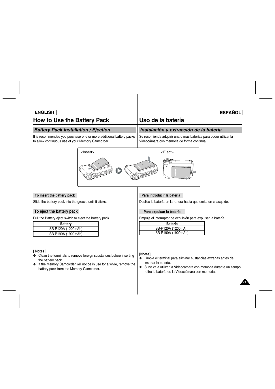 How to use the battery pack, Uso de la batería | Samsung SC-MM10S-XAA User Manual | Page 21 / 139