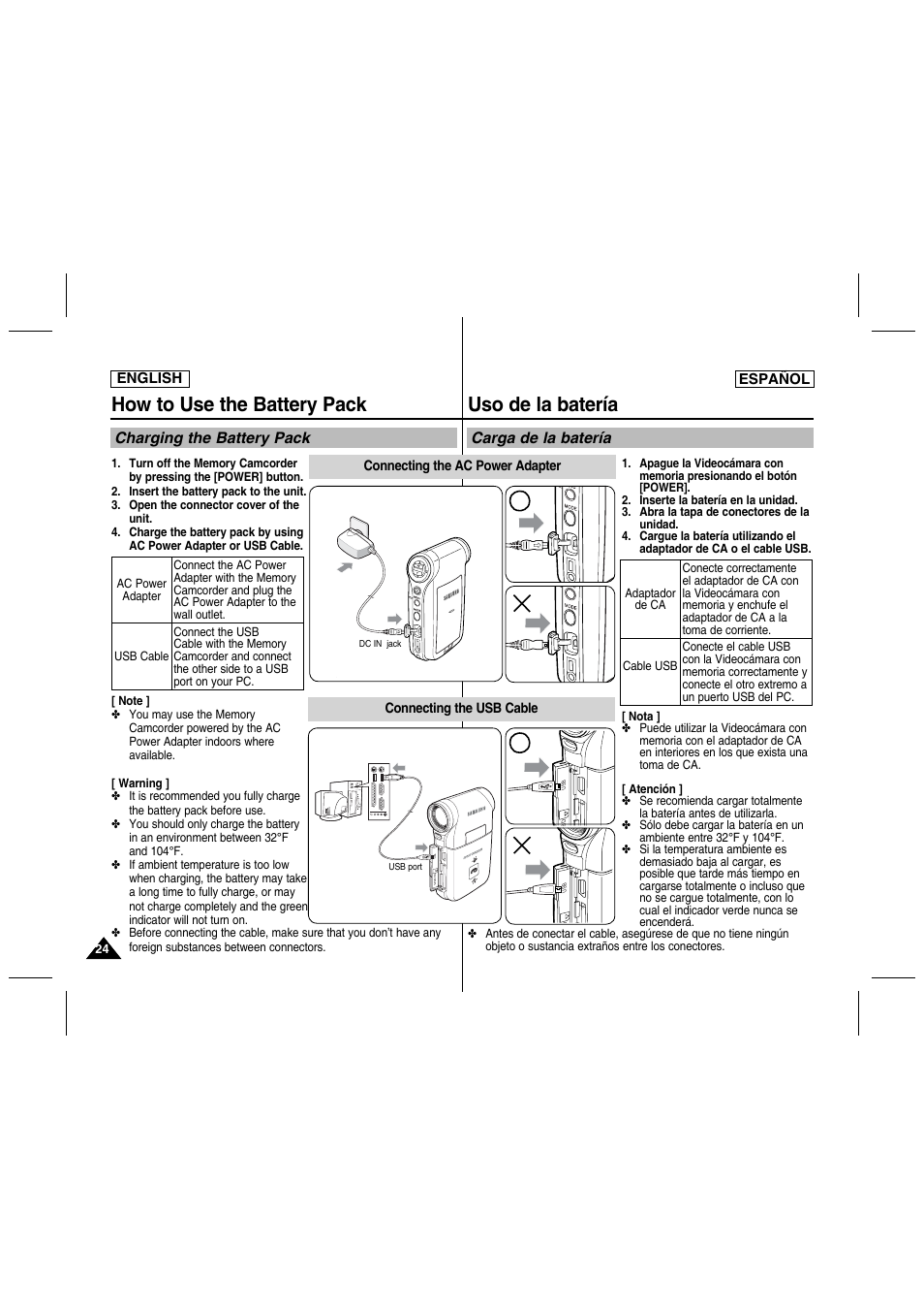 How to use the battery pack, Uso de la batería, Charging the battery pack | Carga de la batería | Samsung SC-MM10S-XAA User Manual | Page 24 / 139