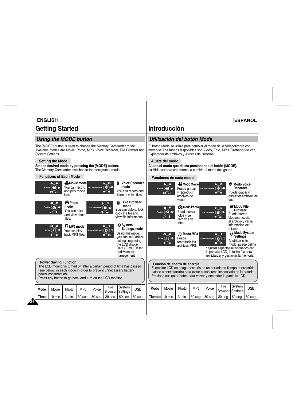 Getting started, Introducción, Using the mode button | Utilización del botón mode | Samsung SC-MM10S-XAA User Manual | Page 26 / 139