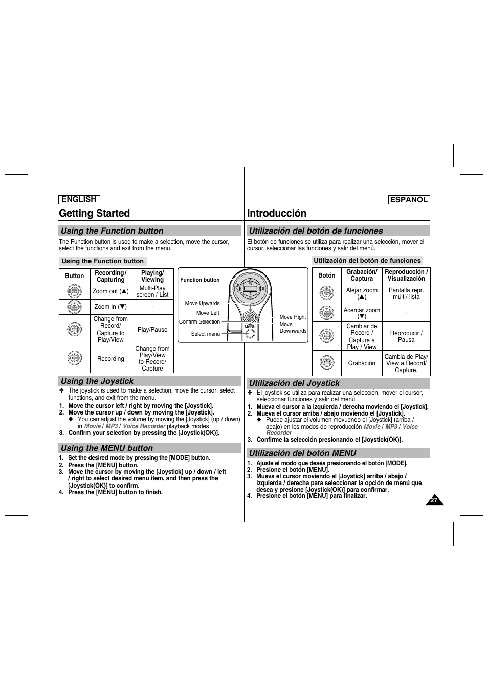 Getting started, Introducción, Using the menu button | Using the joystick using the function button, Utilización del botón menu | Samsung SC-MM10S-XAA User Manual | Page 27 / 139