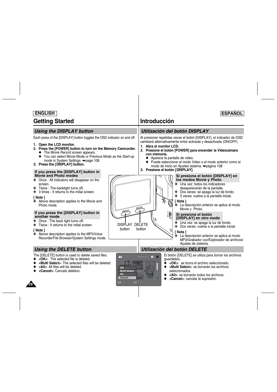 Getting started, Introducción, Using the display button using the delete button | Samsung SC-MM10S-XAA User Manual | Page 28 / 139