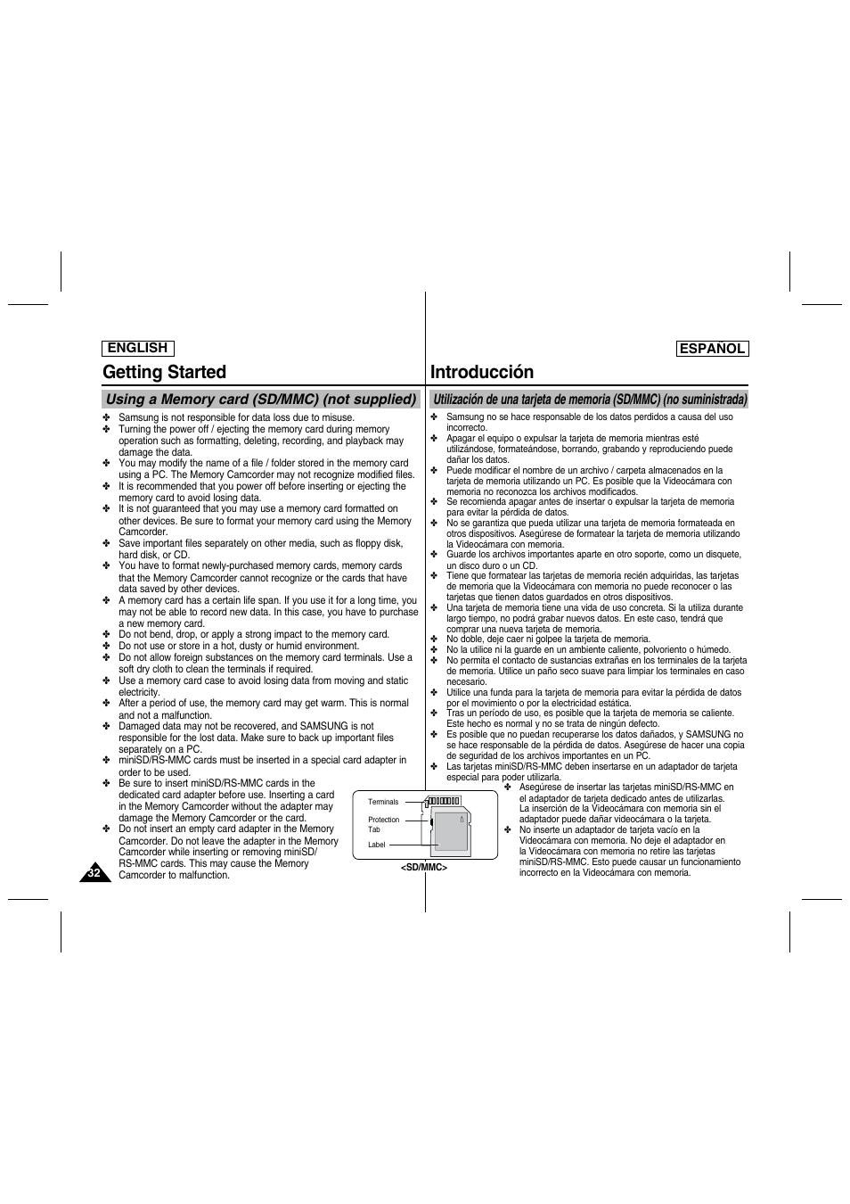 Getting started, Introducción | Samsung SC-MM10S-XAA User Manual | Page 32 / 139