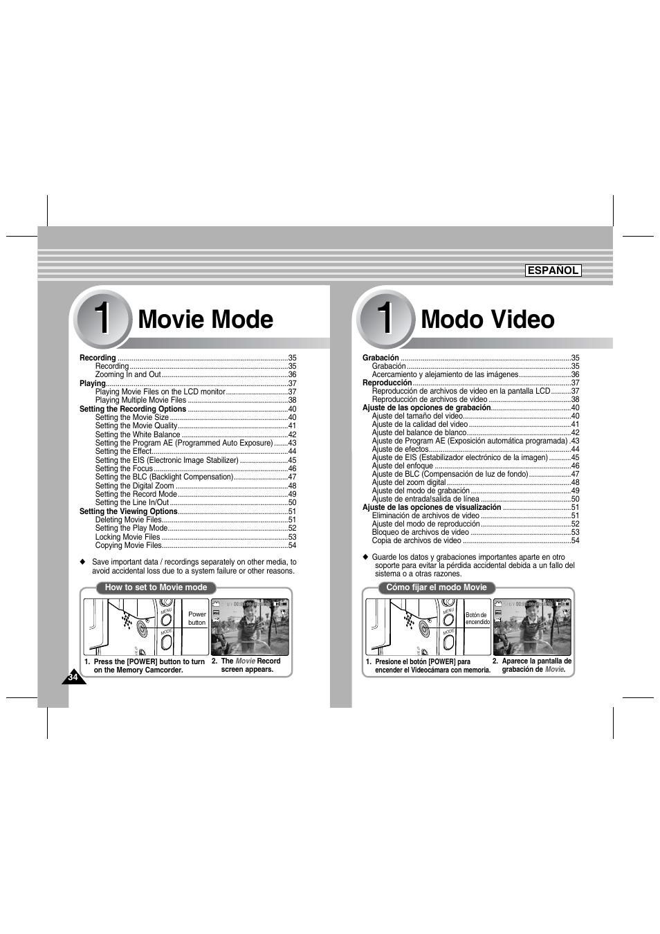 Modo video, Movie mode | Samsung SC-MM10S-XAA User Manual | Page 34 / 139