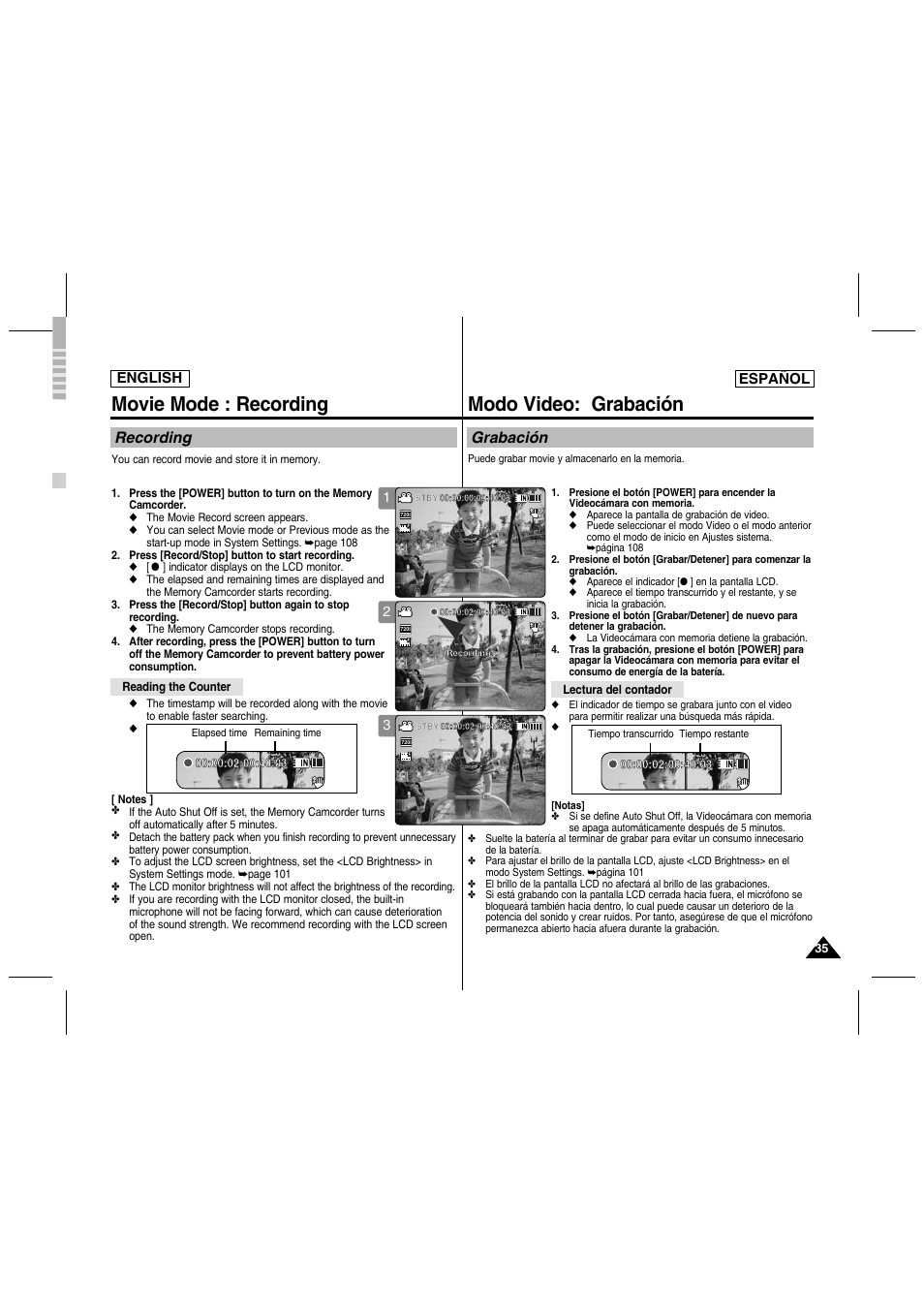 Movie mode : recording, Modo video: grabación, Recording | Grabación, English español | Samsung SC-MM10S-XAA User Manual | Page 35 / 139