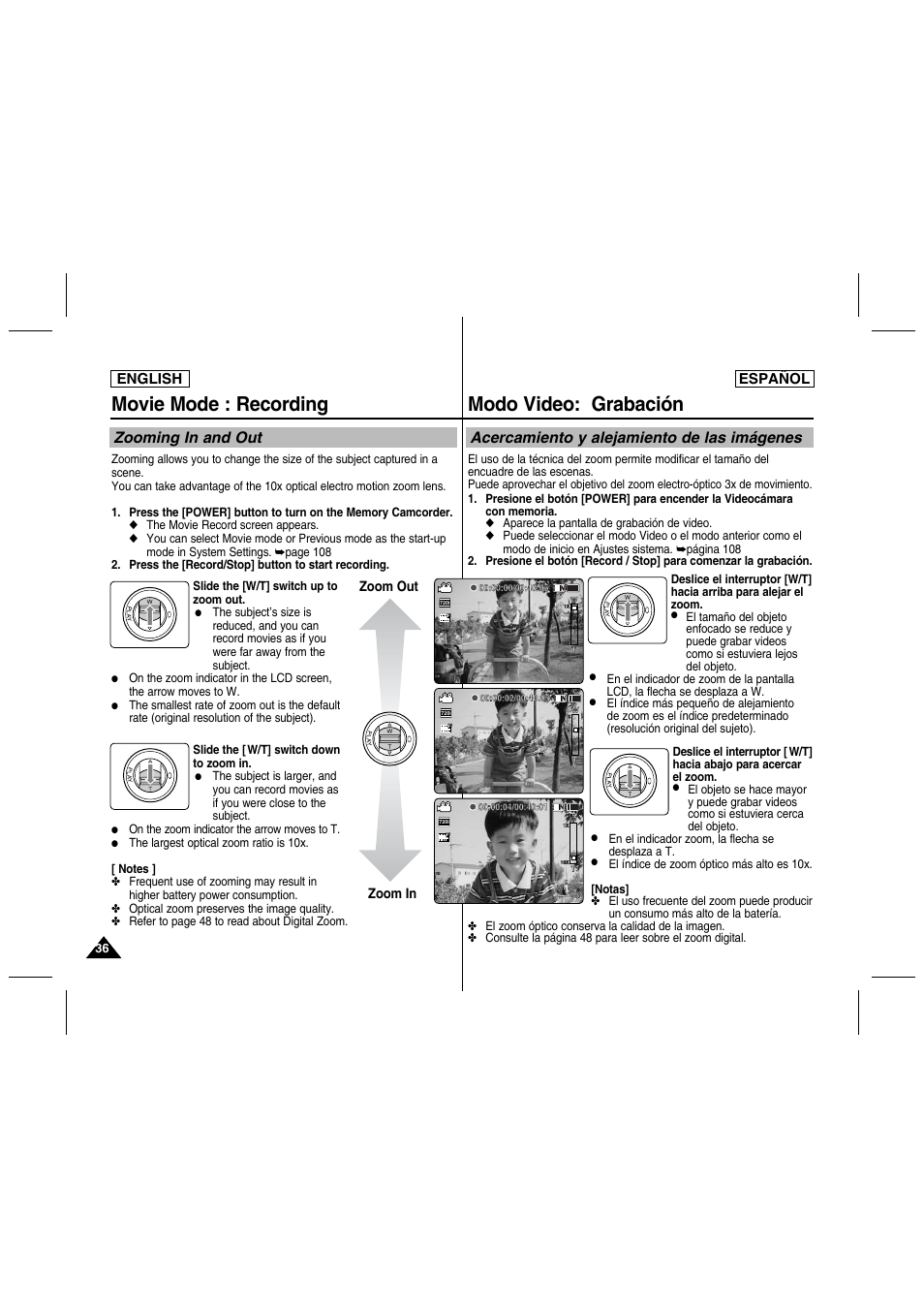 Movie mode : recording, Modo video: grabación, Zooming in and out | Acercamiento y alejamiento de las imágenes, English español, Zoom in zoom out | Samsung SC-MM10S-XAA User Manual | Page 36 / 139