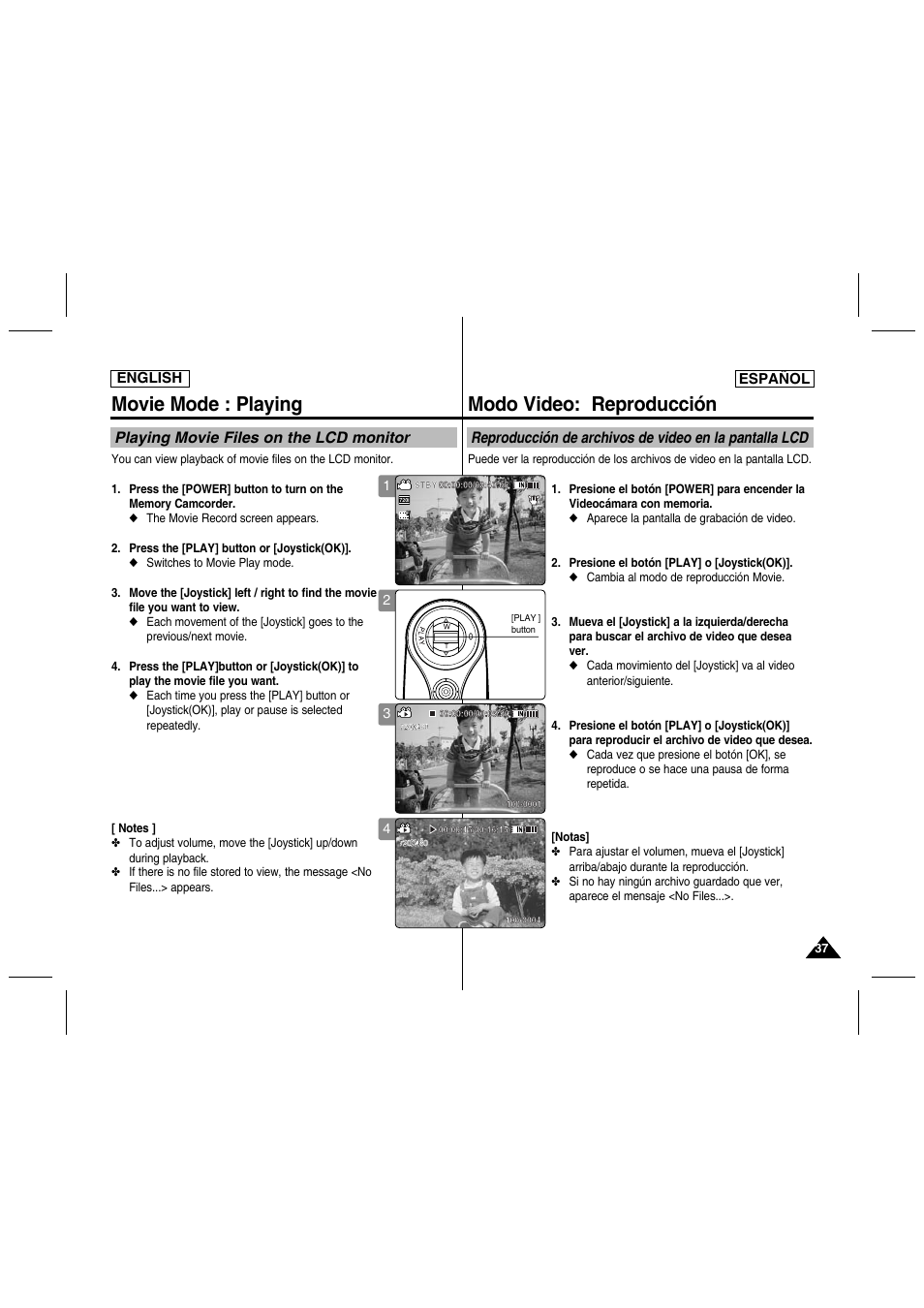 Movie mode : playing, Modo video: reproducción, Playing movie files on the lcd monitor | English español | Samsung SC-MM10S-XAA User Manual | Page 37 / 139