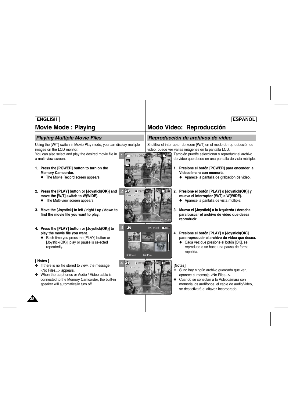 Movie mode : playing, Modo video: reproducción, Playing multiple movie files | Reproducción de archivos de video, English español | Samsung SC-MM10S-XAA User Manual | Page 38 / 139