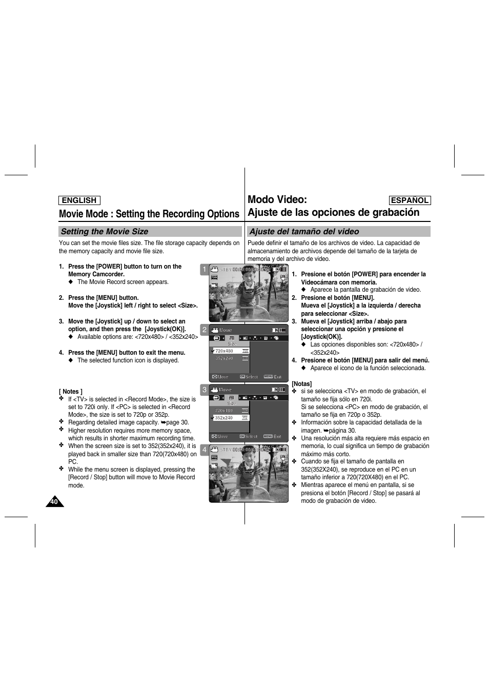 Movie mode : setting the recording options, Modo video: ajuste de las opciones de grabación, Setting the movie size | Ajuste del tamaño del video, English español | Samsung SC-MM10S-XAA User Manual | Page 40 / 139