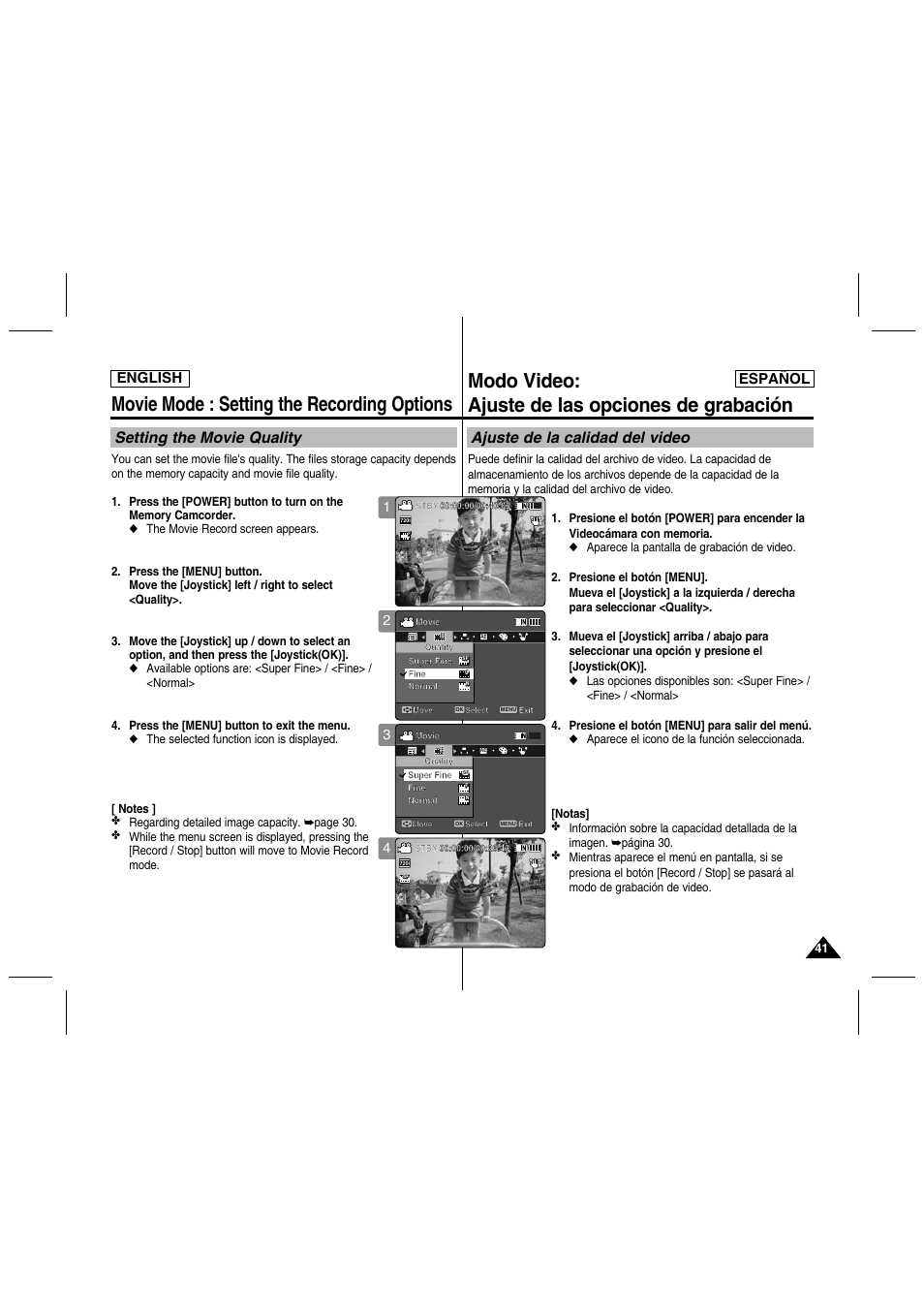 Movie mode : setting the recording options, Modo video: ajuste de las opciones de grabación, Setting the movie quality | Ajuste de la calidad del video, English español | Samsung SC-MM10S-XAA User Manual | Page 41 / 139