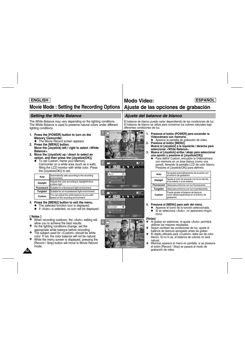 Movie mode : setting the recording options, Modo video: ajuste de las opciones de grabación, Setting the white balance | Ajuste del balance de blanco, English español | Samsung SC-MM10S-XAA User Manual | Page 42 / 139