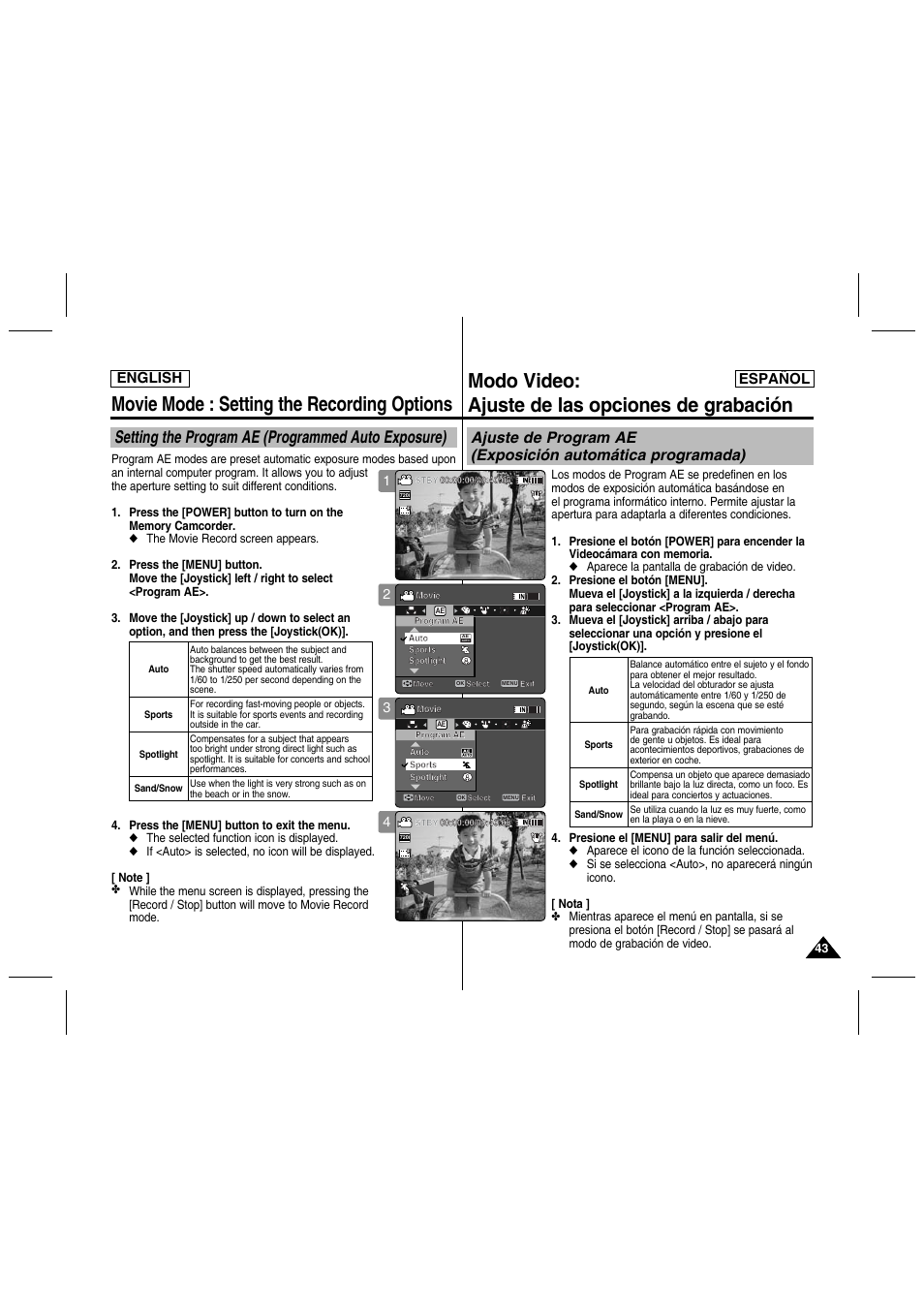 Movie mode : setting the recording options, Modo video: ajuste de las opciones de grabación, Setting the program ae (programmed auto exposure) | English español | Samsung SC-MM10S-XAA User Manual | Page 43 / 139