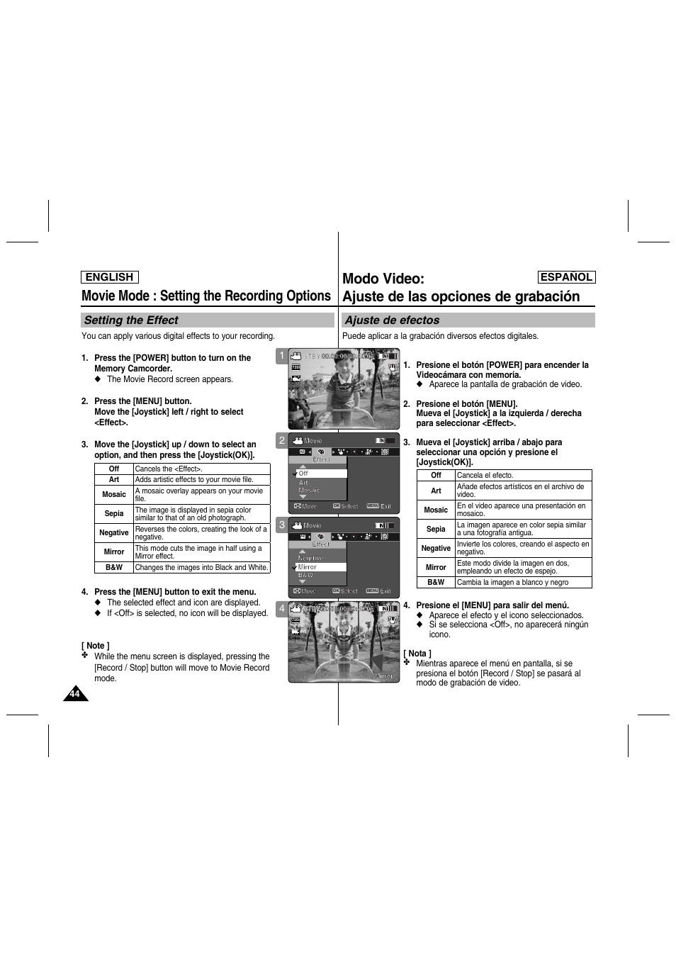 Movie mode : setting the recording options, Modo video: ajuste de las opciones de grabación, Setting the effect | Ajuste de efectos, English español | Samsung SC-MM10S-XAA User Manual | Page 44 / 139
