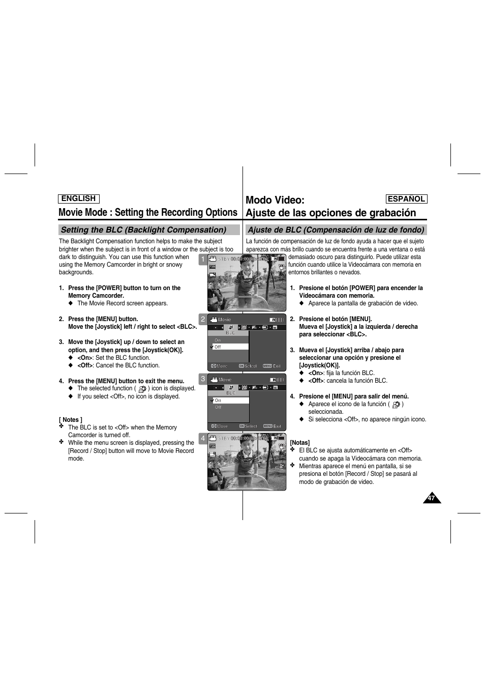 Movie mode : setting the recording options, Modo video: ajuste de las opciones de grabación, Setting the blc (backlight compensation) | Ajuste de blc (compensación de luz de fondo), English español | Samsung SC-MM10S-XAA User Manual | Page 47 / 139