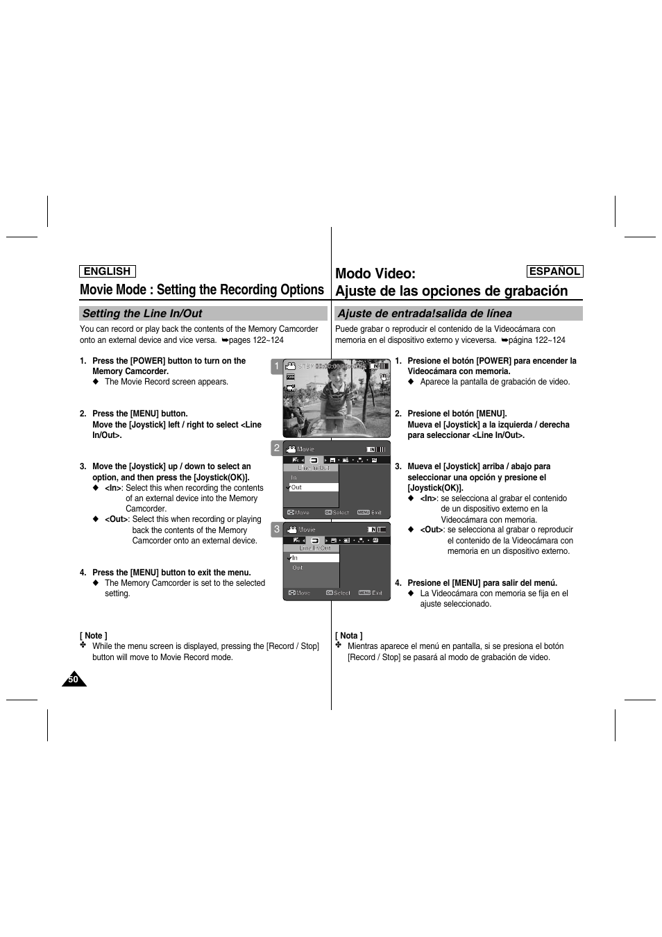 Movie mode : setting the recording options, Modo video: ajuste de las opciones de grabación, Setting the line in/out | Ajuste de entrada!salida de línea, English español | Samsung SC-MM10S-XAA User Manual | Page 50 / 139