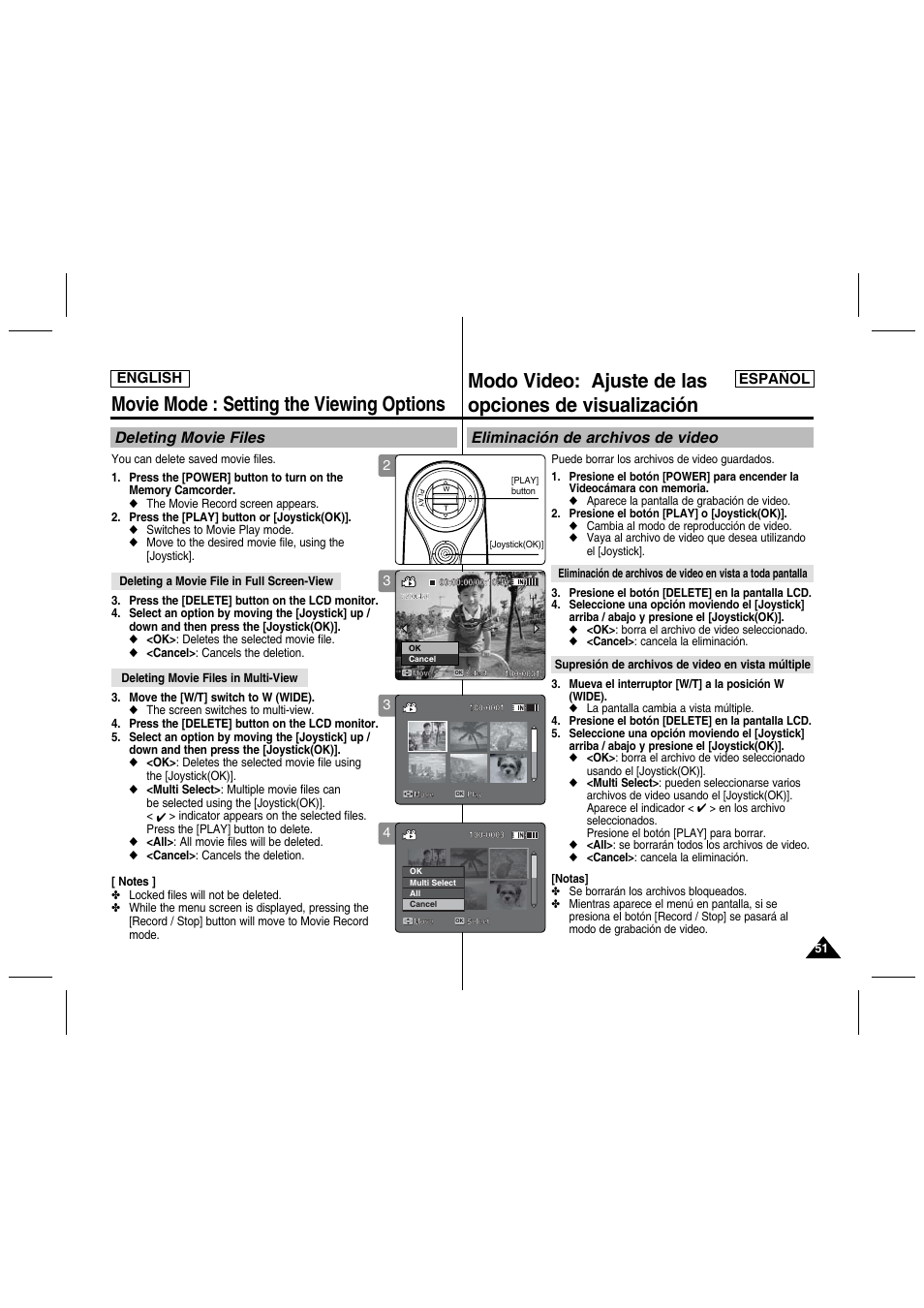 Movie mode : setting the viewing options, Deleting movie files, Eliminación de archivos de video | English español | Samsung SC-MM10S-XAA User Manual | Page 51 / 139