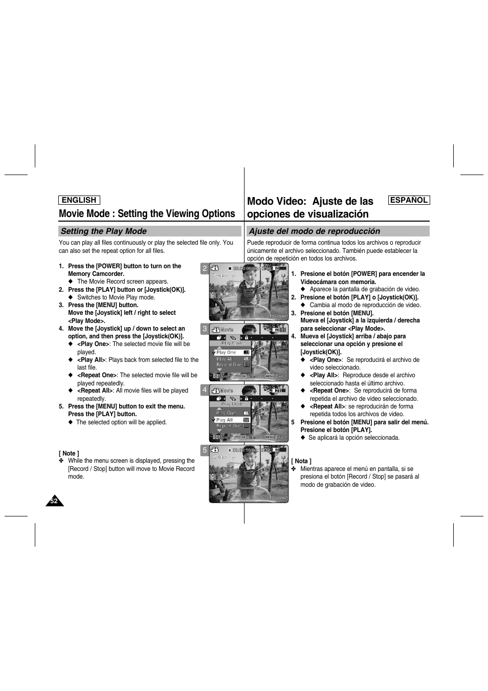 Movie mode : setting the viewing options, Setting the play mode, Ajuste del modo de reproducción | English español | Samsung SC-MM10S-XAA User Manual | Page 52 / 139