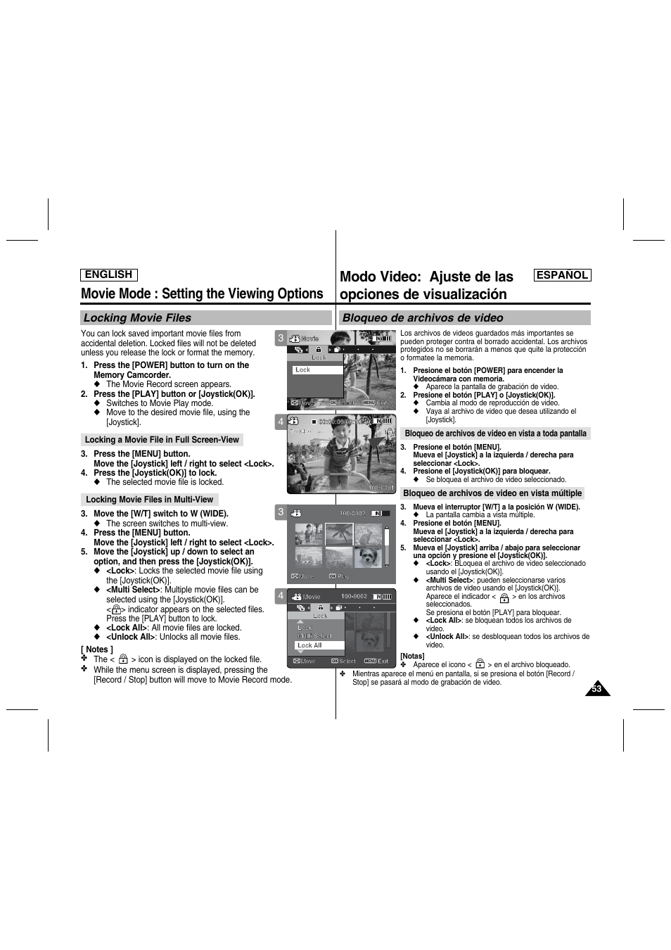 Movie mode : setting the viewing options, Locking movie files, Bloqueo de archivos de video | English español | Samsung SC-MM10S-XAA User Manual | Page 53 / 139