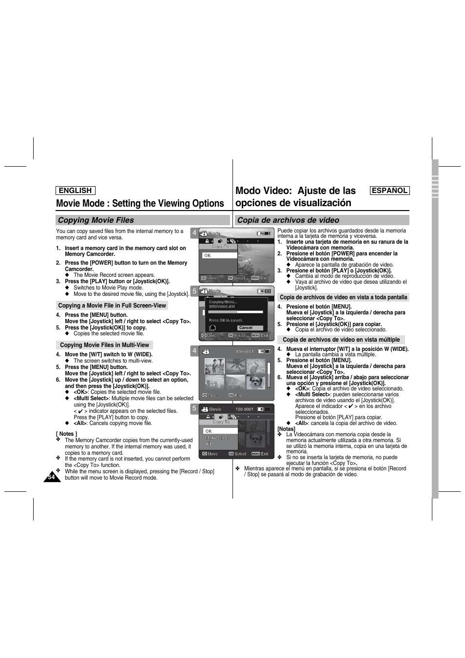 Movie mode : setting the viewing options, Copying movie files, Copia de archivos de video | English español | Samsung SC-MM10S-XAA User Manual | Page 54 / 139