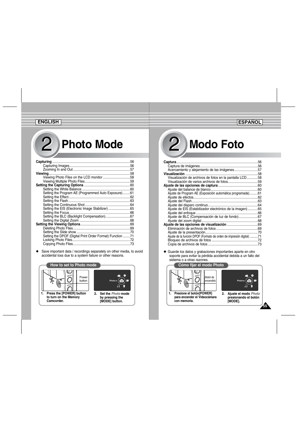 Photo mode, Modo foto | Samsung SC-MM10S-XAA User Manual | Page 55 / 139