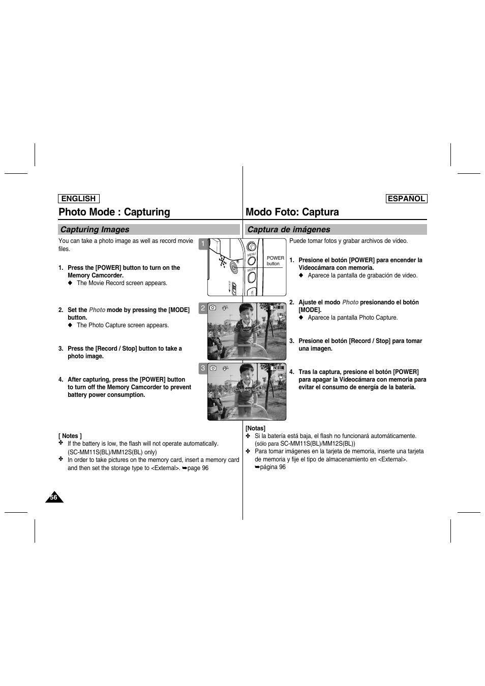 Photo mode : capturing, Modo foto: captura, Capturing images | Captura de imágenes, English español | Samsung SC-MM10S-XAA User Manual | Page 56 / 139