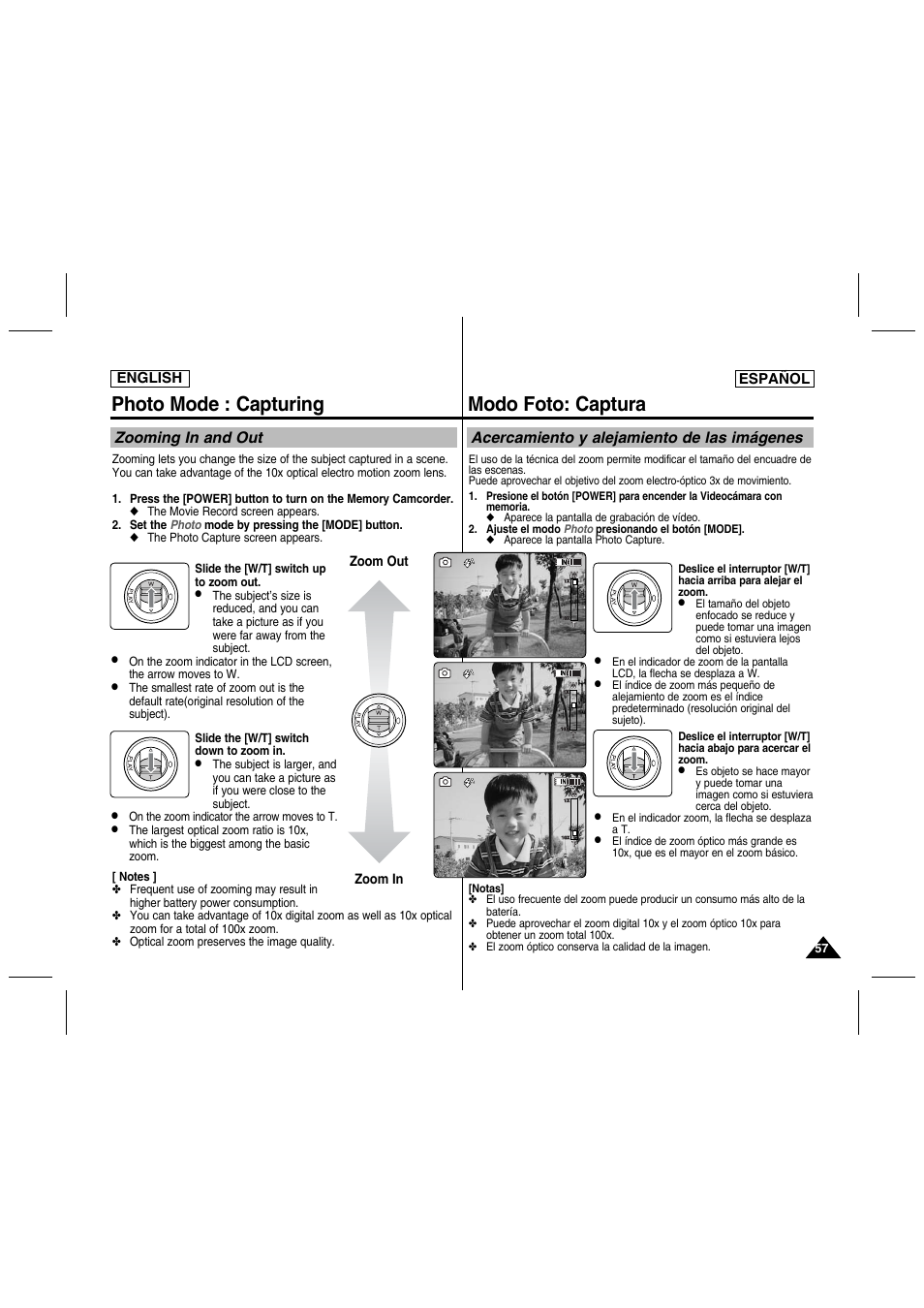Photo mode : capturing, Modo foto: captura, Zooming in and out | Acercamiento y alejamiento de las imágenes, English español, Zoom in zoom out | Samsung SC-MM10S-XAA User Manual | Page 57 / 139