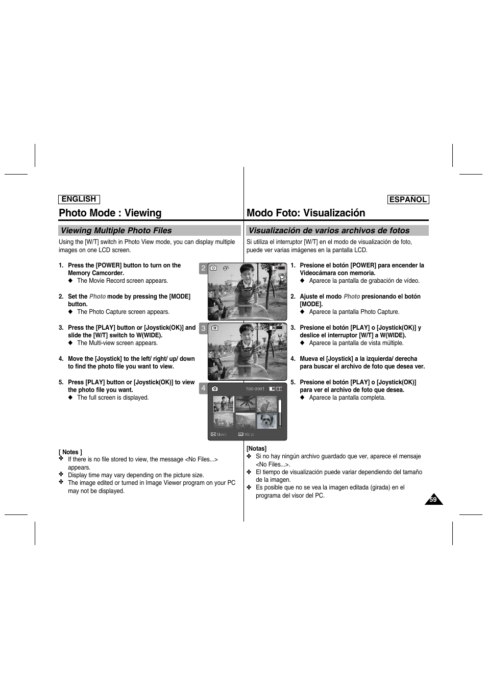 Photo mode : viewing, Modo foto: visualización, Viewing multiple photo files | Visualización de varios archivos de fotos, English español | Samsung SC-MM10S-XAA User Manual | Page 59 / 139