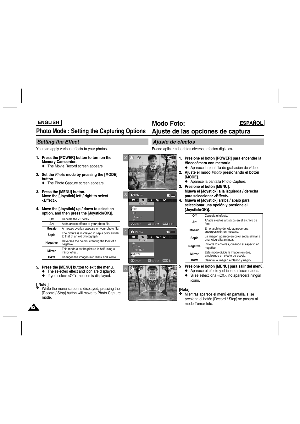 Photo mode : setting the capturing options, Modo foto: ajuste de las opciones de captura, Setting the effect | Ajuste de efectos, English español | Samsung SC-MM10S-XAA User Manual | Page 62 / 139
