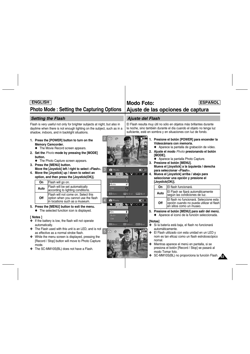 Photo mode : setting the capturing options, Modo foto: ajuste de las opciones de captura, Setting the flash | Ajuste del flash, English español | Samsung SC-MM10S-XAA User Manual | Page 63 / 139