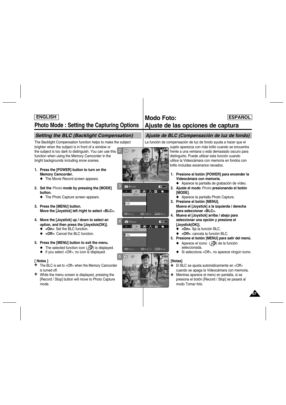 Photo mode : setting the capturing options, Modo foto: ajuste de las opciones de captura, Setting the blc (backlight compensation) | Ajuste de blc (compensación de luz de fondo), English español | Samsung SC-MM10S-XAA User Manual | Page 67 / 139