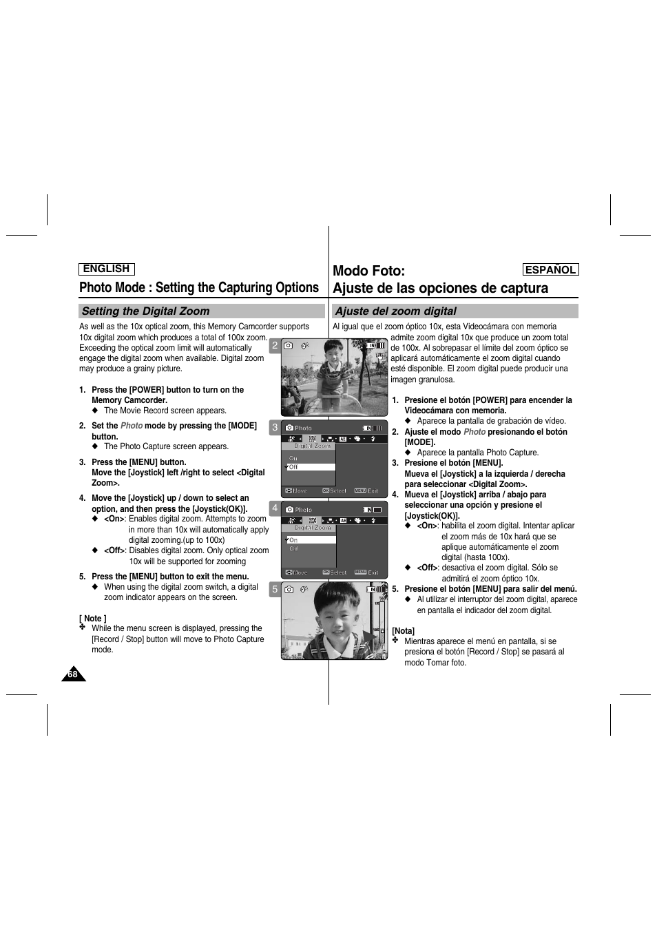 Photo mode : setting the capturing options, Modo foto: ajuste de las opciones de captura, Setting the digital zoom | Ajuste del zoom digital, English español | Samsung SC-MM10S-XAA User Manual | Page 68 / 139