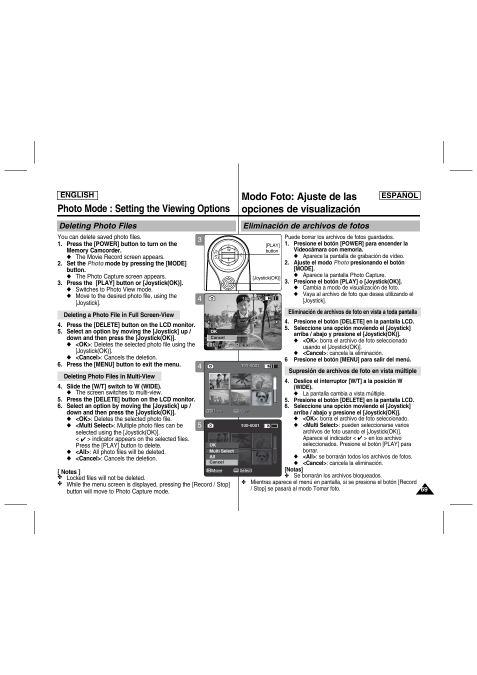 Photo mode : setting the viewing options, Modo foto: ajuste de las opciones de visualización, Deleting photo files | Eliminación de archivos de fotos, English español | Samsung SC-MM10S-XAA User Manual | Page 69 / 139