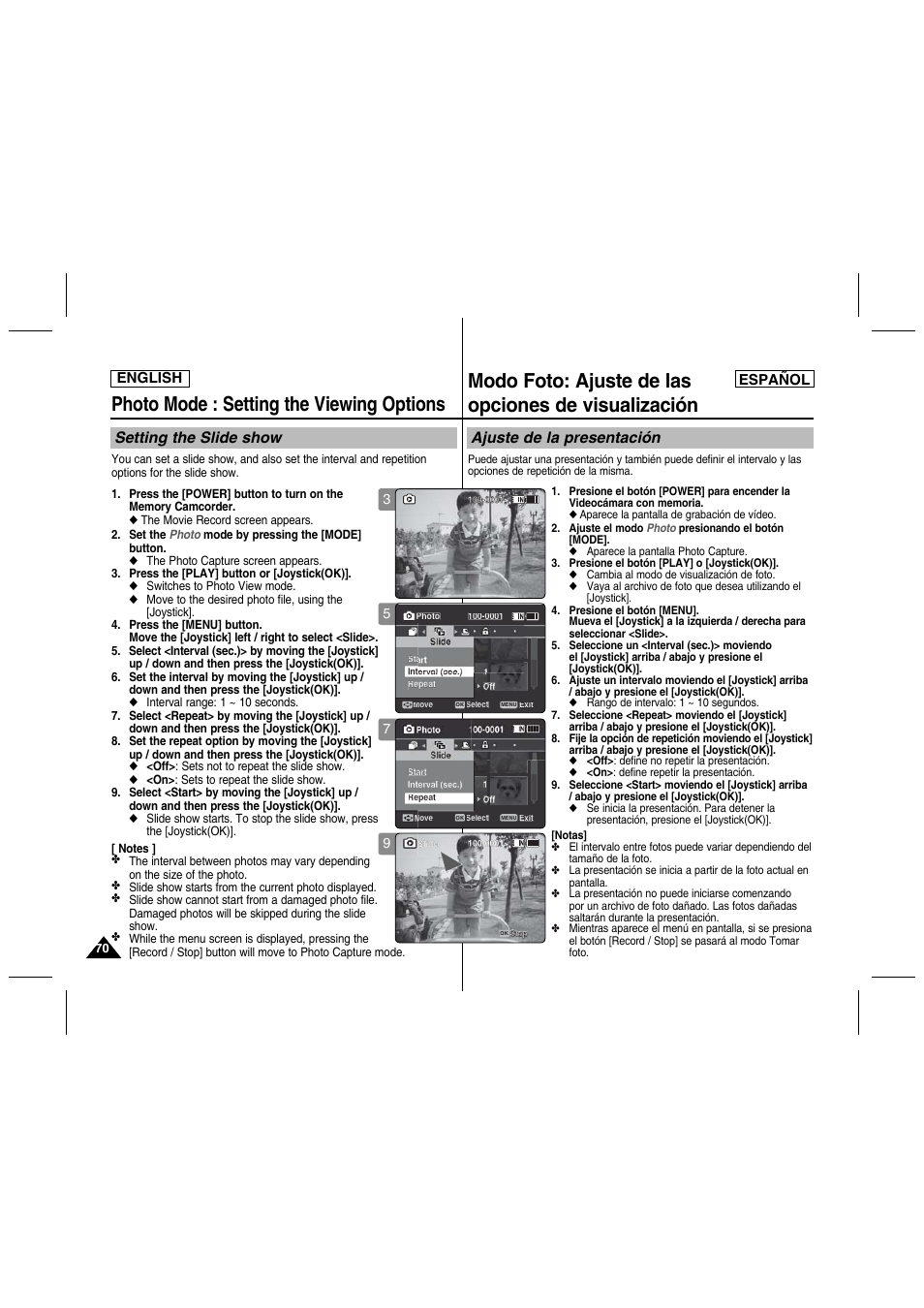 Photo mode : setting the viewing options, Modo foto: ajuste de las opciones de visualización, Setting the slide show | Ajuste de la presentación, English español | Samsung SC-MM10S-XAA User Manual | Page 70 / 139