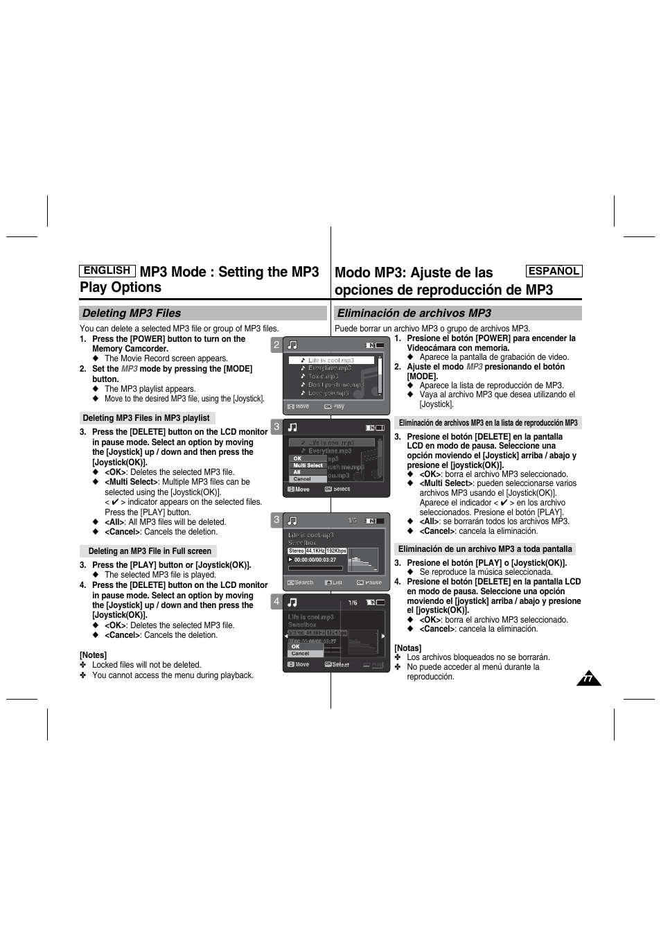 Mp3 mode : setting the mp3 play options, Deleting mp3 files, Eliminación de archivos mp3 | English, English español | Samsung SC-MM10S-XAA User Manual | Page 77 / 139