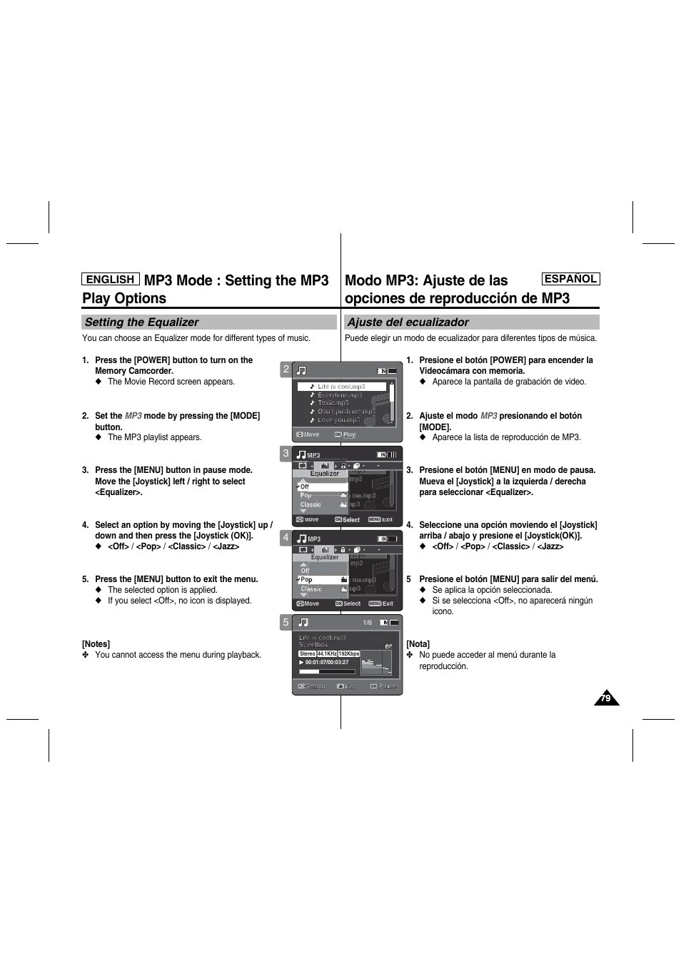 Mp3 mode : setting the mp3 play options, Setting the equalizer, Ajuste del ecualizador | English, English español english | Samsung SC-MM10S-XAA User Manual | Page 79 / 139