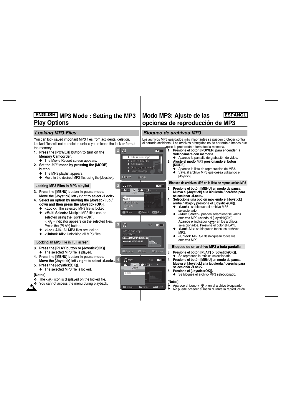 Mp3 mode : setting the mp3 play options, Locking mp3 files, Bloqueo de archivos mp3 | English español | Samsung SC-MM10S-XAA User Manual | Page 80 / 139